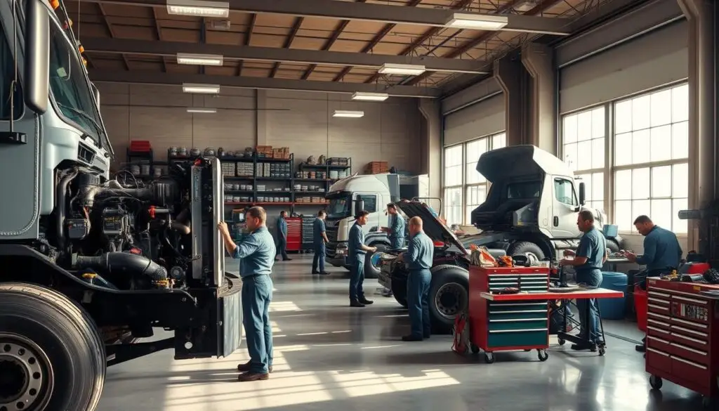 Fleet technician using diagnostic scanner to check emissions system status during preventive maintenance