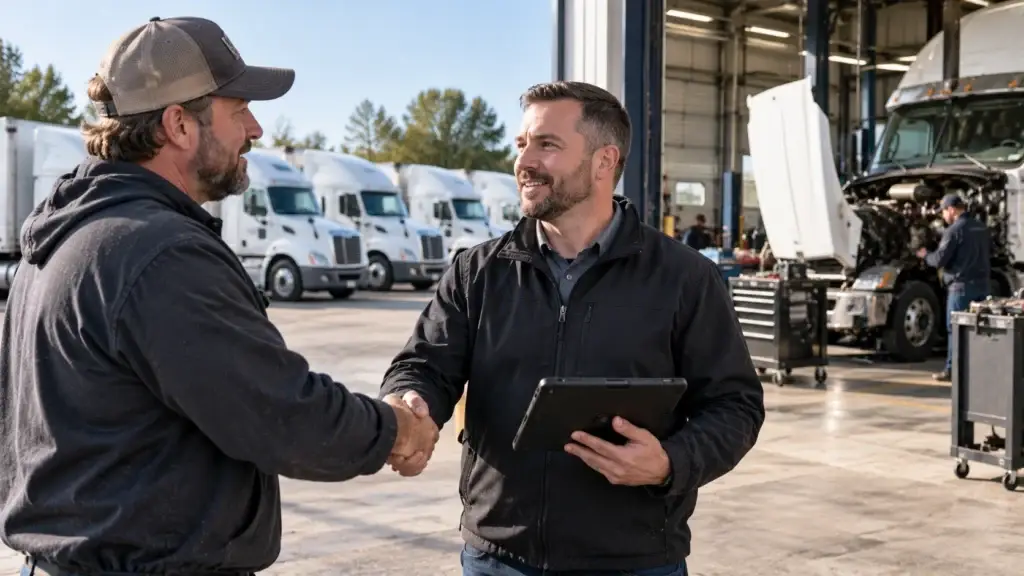 Fleet manager and service provider discussing a commercial fleet maintenance contract at a heavy-duty truck repair facility