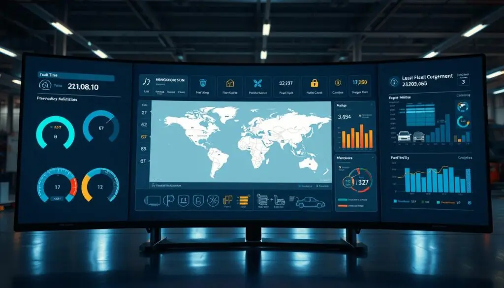 Fleet maintenance software dashboard displaying cost tracking metrics and vehicle status indicators