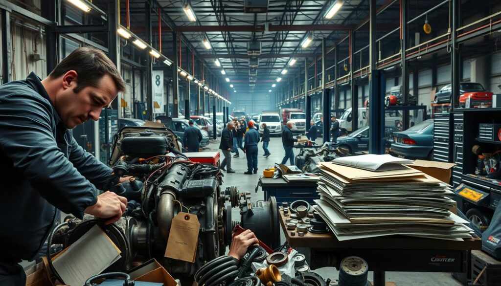 Fleet maintenance shop environment with technician working under time pressure on commercial vehicle repair