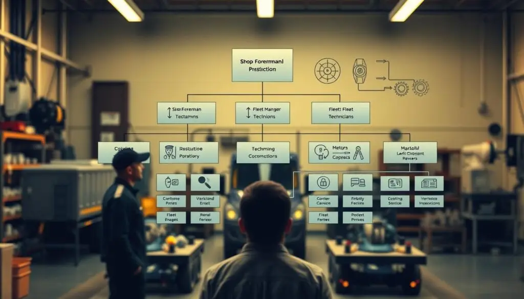 Fleet maintenance management organizational chart showing shop foreman bridging technicians and management