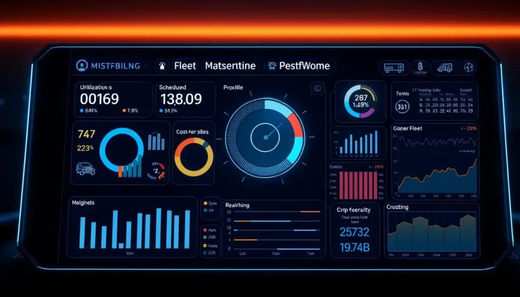 Digital dashboard displaying fleet maintenance KPIs including availability rates and cost per mile