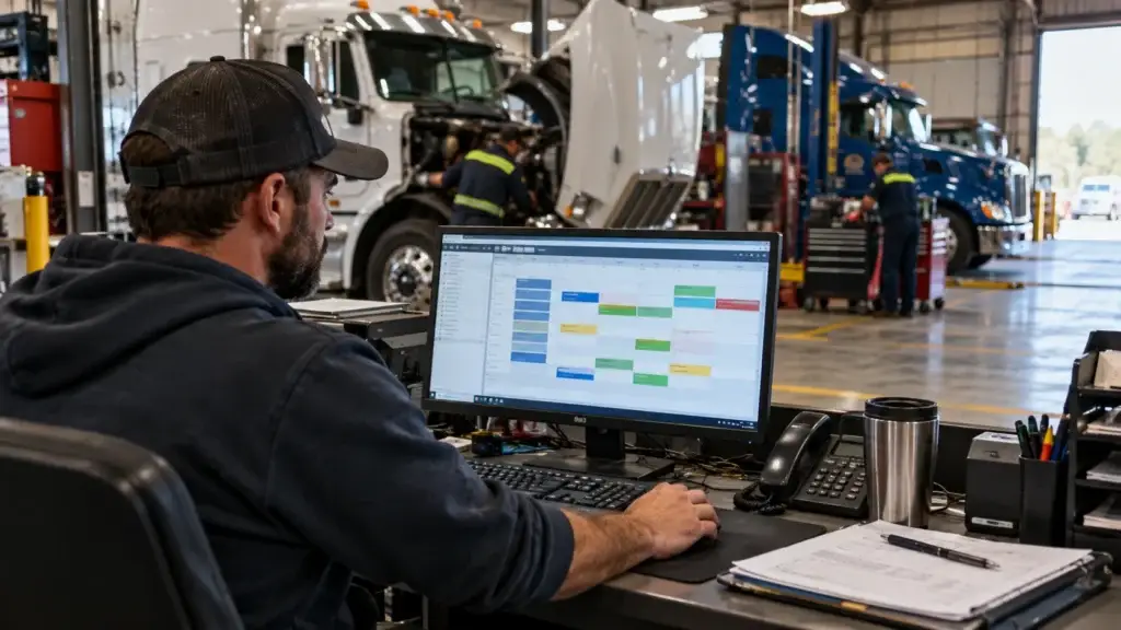 Fleet maintenance manager using scheduling software at a heavy-duty truck repair facility while technicians service commercial trucks in the background.