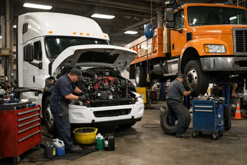 echnicians working inside a busy commercial fleet maintenance shop with trucks on lifts and open engine bays.