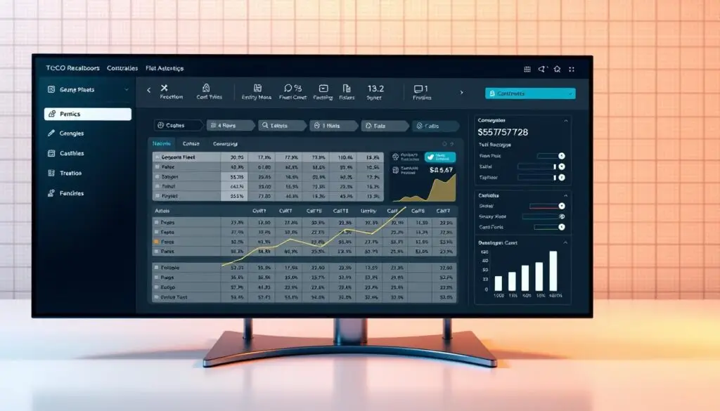 Fleet manager analyzing TCO calculations on computer dashboard showing cost breakdown