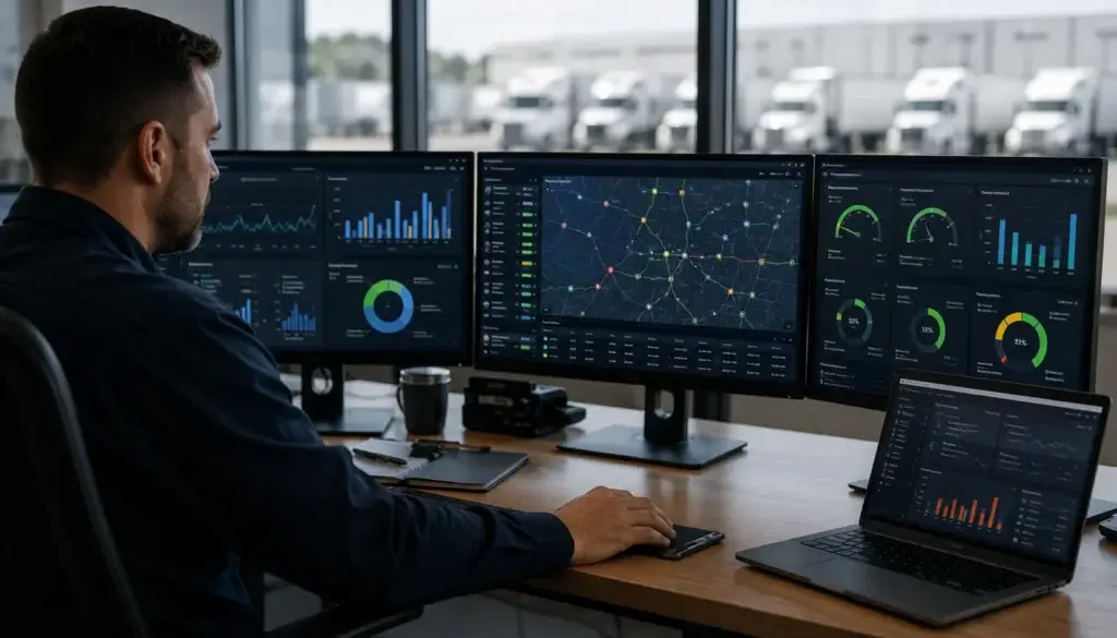Fleet manager analyzing KPI dashboards, vehicle performance data, routes, and operational metrics for a commercial truck fleet