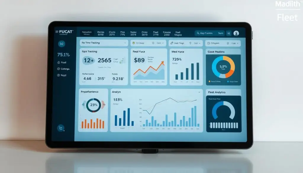 Fleet management platform dashboard showing maintenance scheduling interface with vehicle status indicators