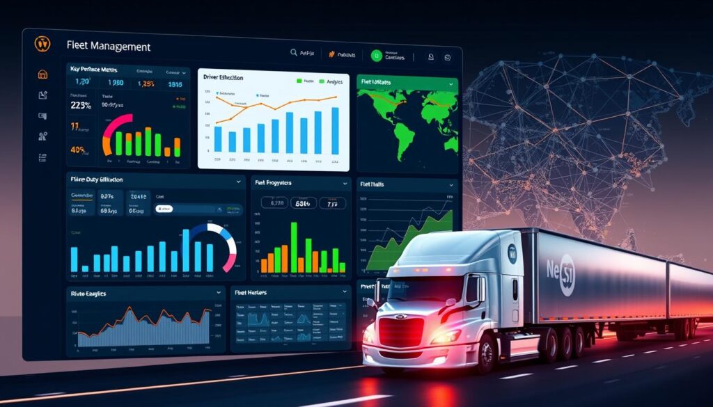 Business intelligence dashboard showing fleet performance analytics, cost trends, and operational KPI visualizations