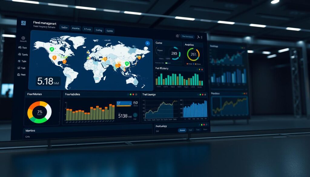 Fleet management software dashboard displaying real-time GPS tracking and telematics data