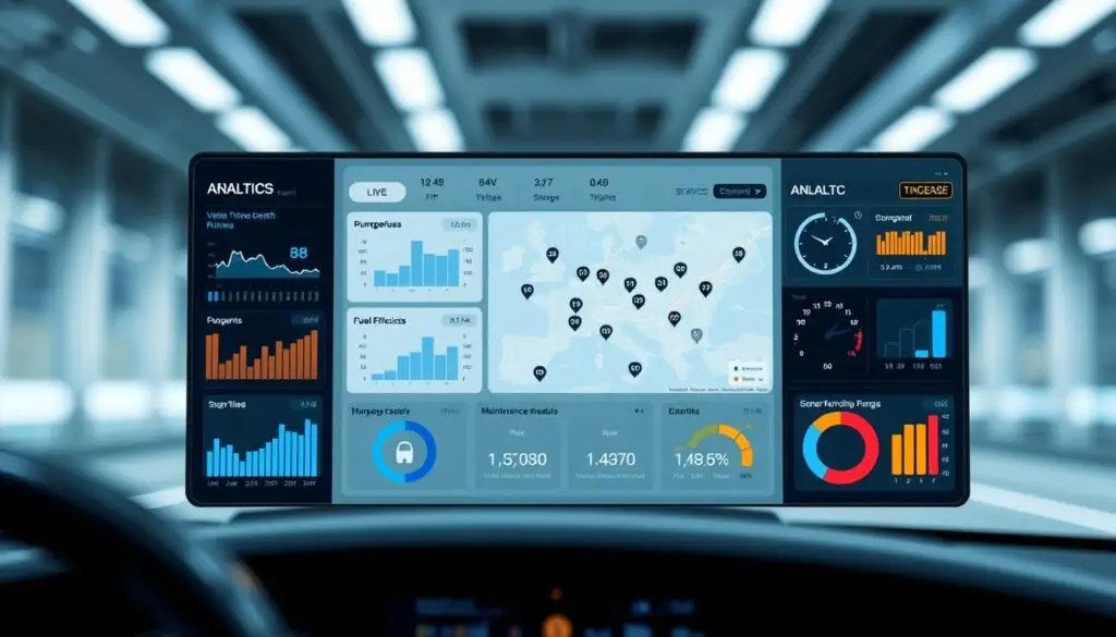 Fleet management software interface displaying vehicle health metrics and alerts