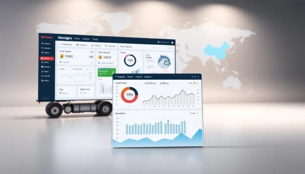 Telematics fleet management software interface displaying real-time vehicle tracking, diagnostics, and performance metrics