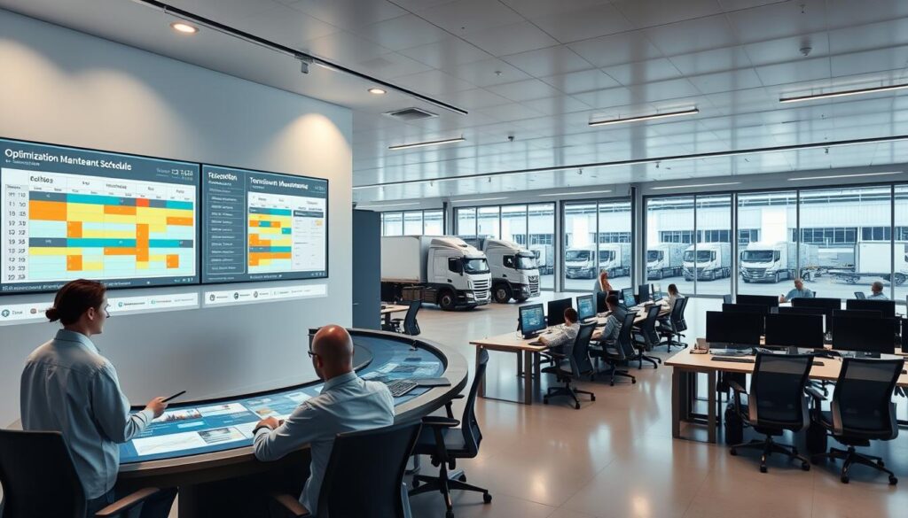 Fleet management software dashboard showing maintenance scheduling optimization and workload balancing