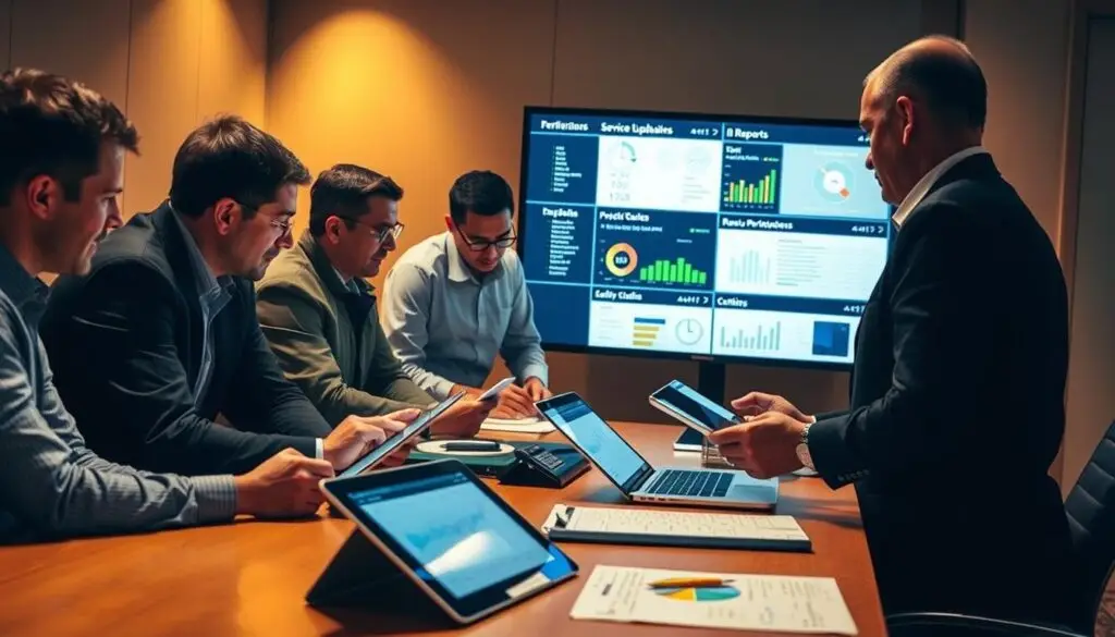 Fleet managers analyzing communication strategy for optimal service updates