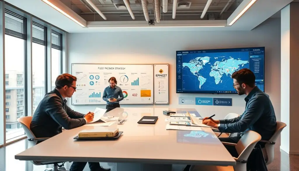 Fleet manager analyzing vehicle data and procurement metrics on computer screen