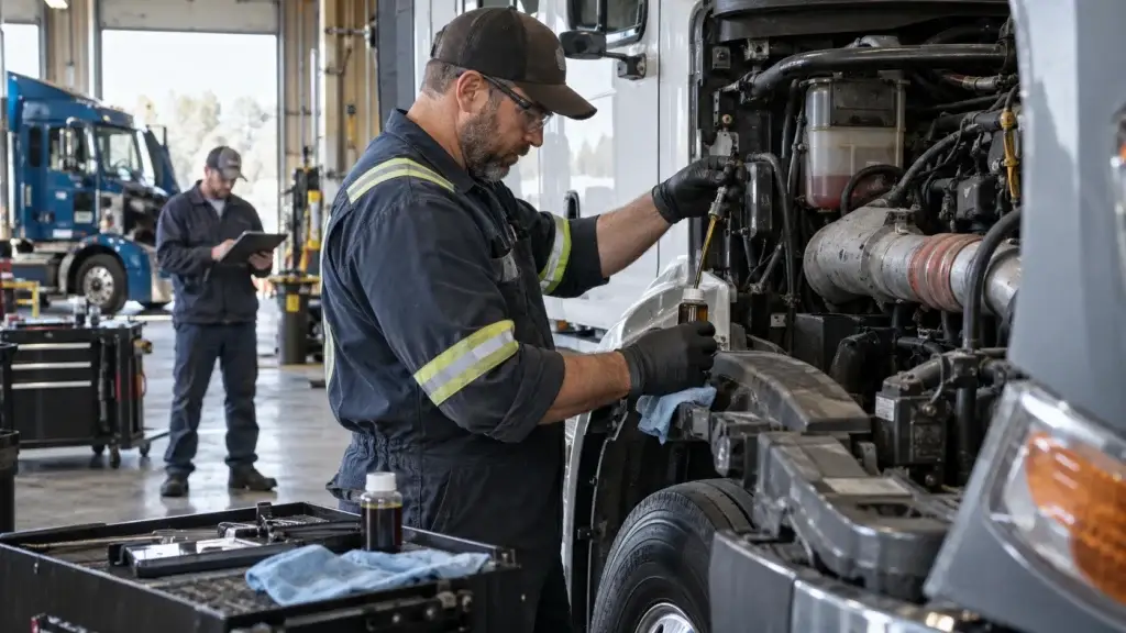Diesel technician collecting an engine oil sample from a heavy-duty truck during fleet preventive maintenance inspection.