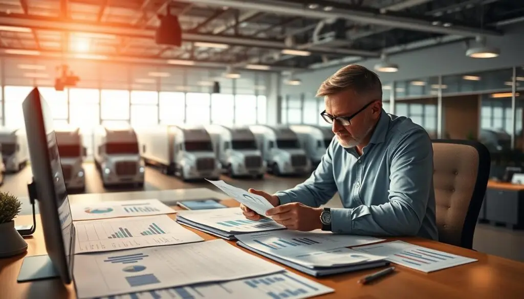 Fleet manager reviewing financial statements showing fuel cost impact on cash flow and operating margins