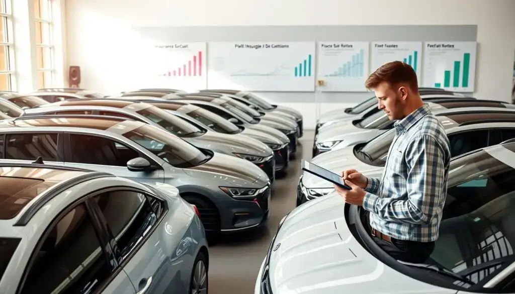 Fleet manager analyzing vehicle utilization data to optimize insurance costs
