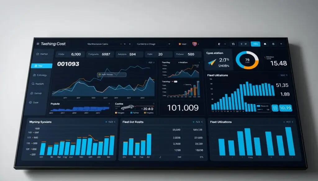 Fleet performance dashboard displaying MPG trends, idle time percentages, and emissions data