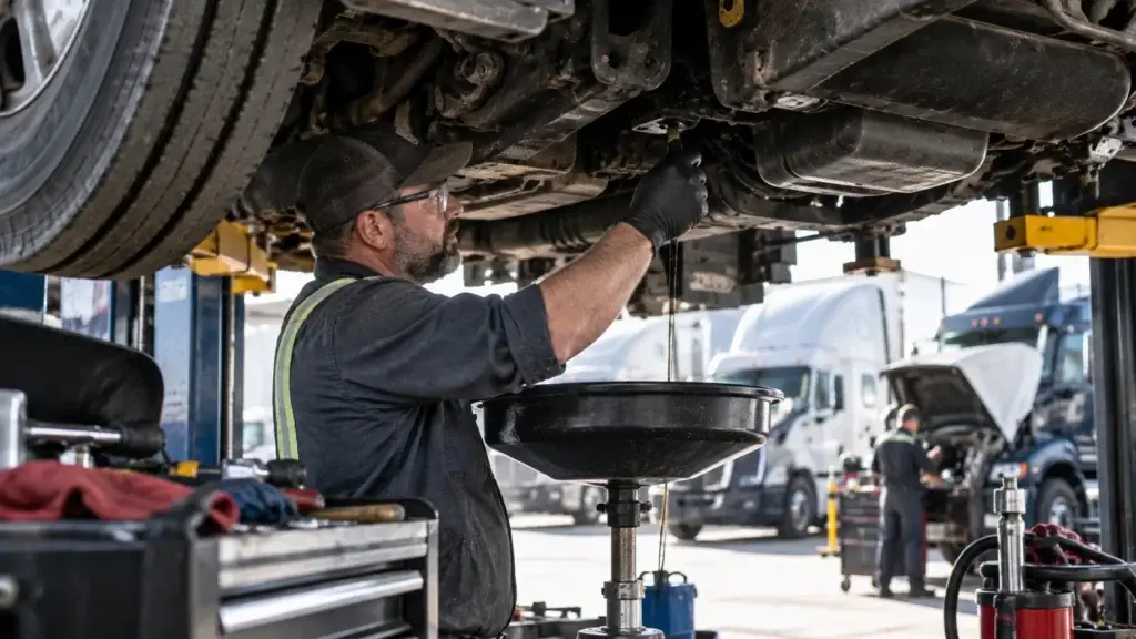 Diesel technician performing preventive maintenance beneath a Class 8 truck in a commercial fleet repair shop.
