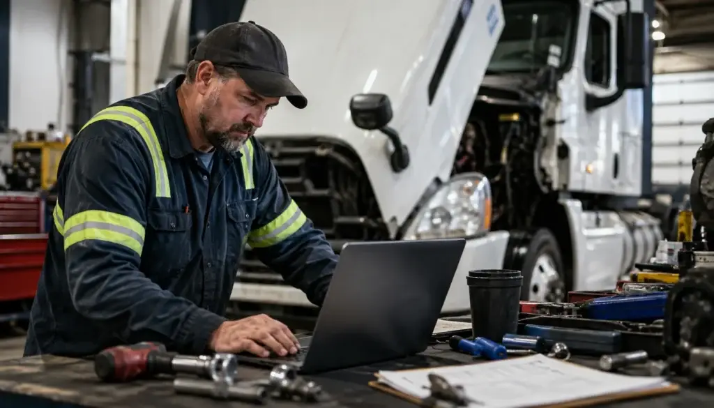 Diesel technician reviewing preventive maintenance data on a laptop beside a commercial truck in a fleet maintenance shop