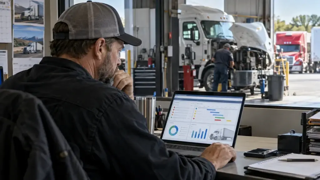 Fleet manager reviewing preventive maintenance software on a laptop while a technician services a heavy-duty truck in the shop.