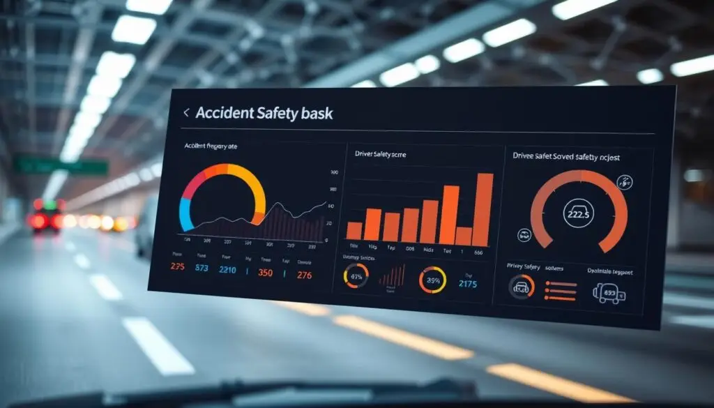 Fleet safety metrics dashboard displaying accident frequency rate and driver safety scores