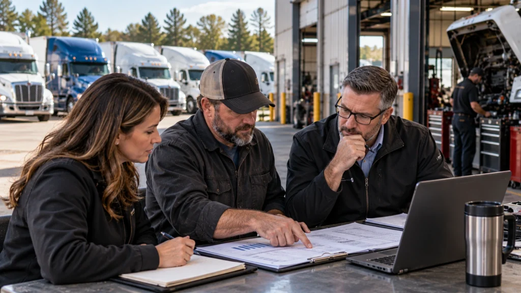 Fleet managers reviewing service costs and contract proposals at a commercial truck maintenance facility