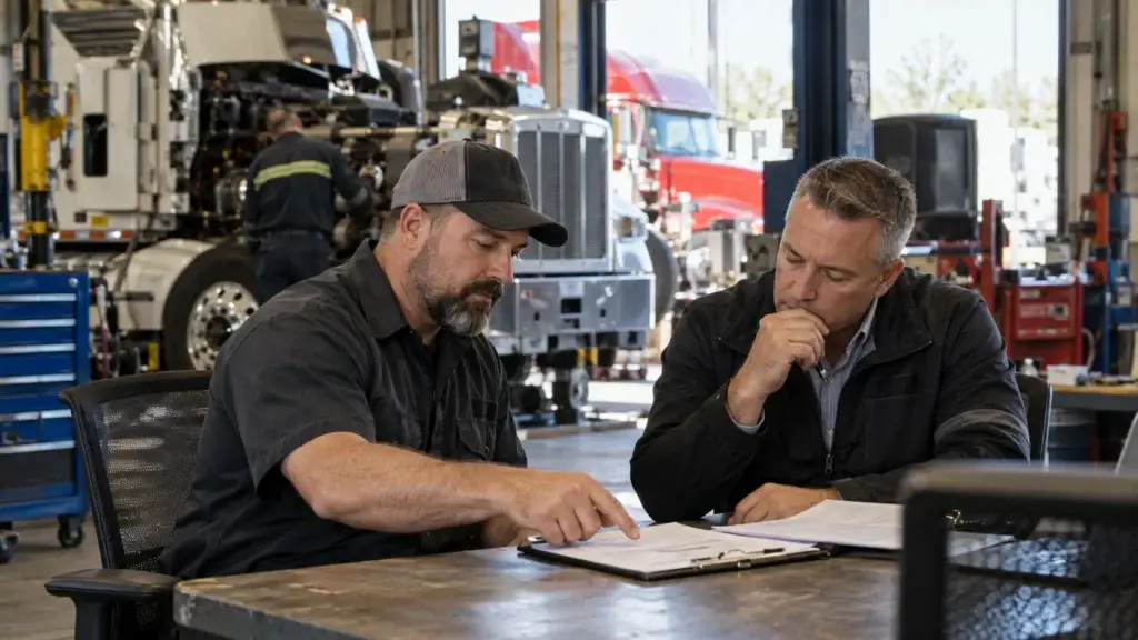 Independent truck repair shop manager reviewing a fleet service contract with a commercial fleet representative while heavy-duty trucks are serviced in the background.