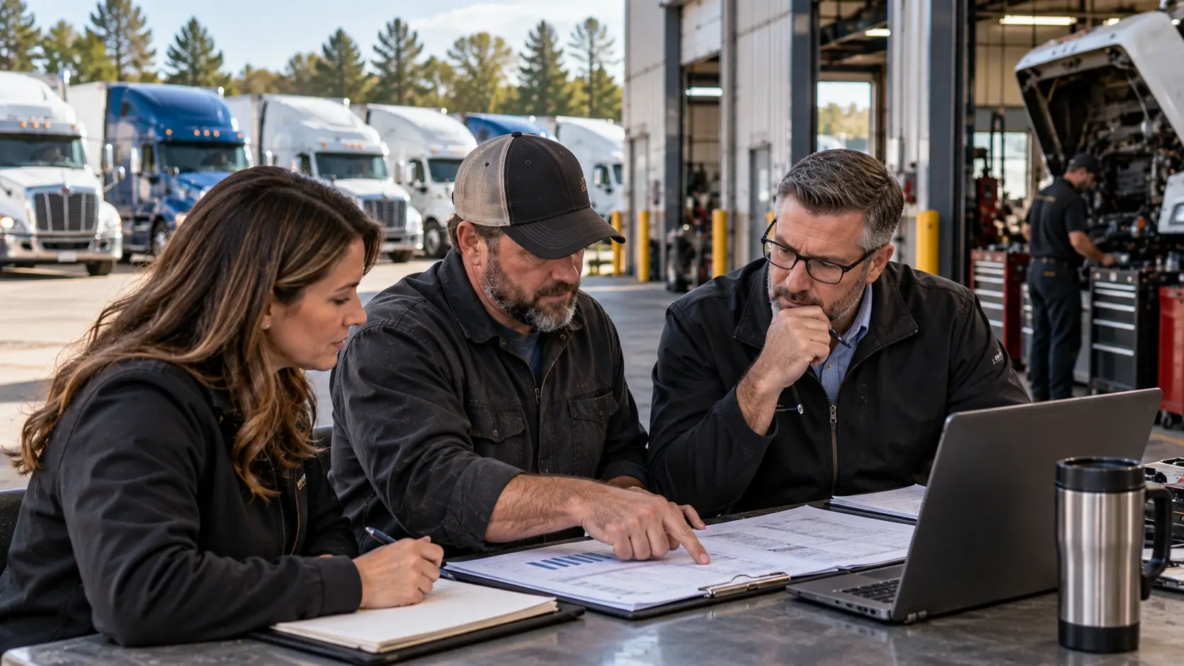 Fleet managers reviewing service costs and contract proposals at a commercial truck maintenance facility