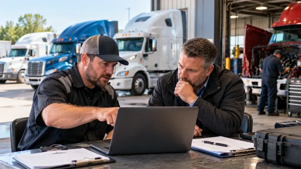 Diesel repair shop team reviewing fleet service leads and prospective commercial accounts on a laptop while heavy-duty trucks are serviced in the background.