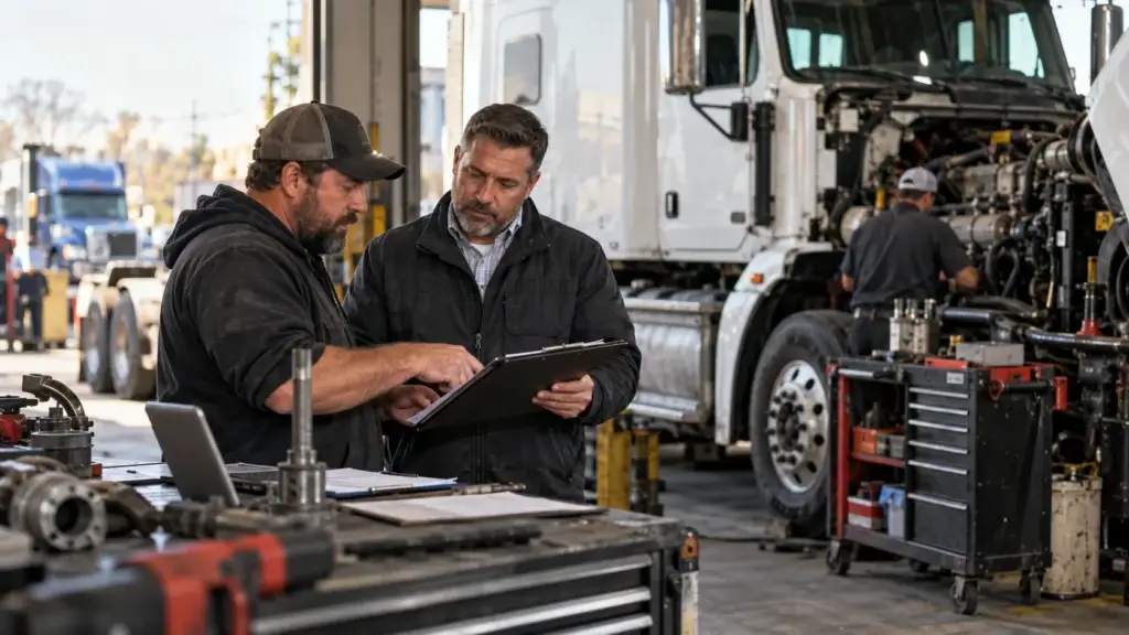 Heavy-duty truck repair shop manager and service professional reviewing fleet service pricing, repair costs, and quote details while a commercial truck is being serviced in the background.