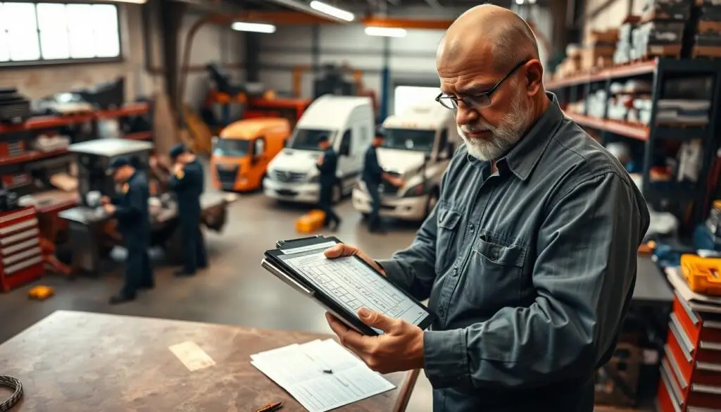 Shop foreman reviewing digital work order system with technician in fleet maintenance bay