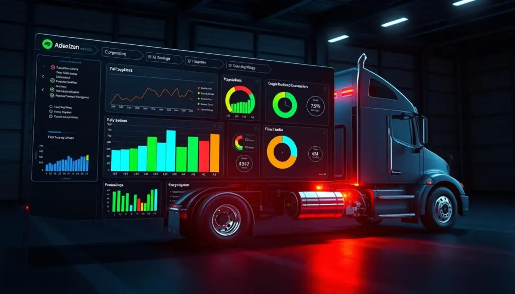 Fleet sustainability metrics analysis dashboard displaying fuel efficiency, emissions, and cost reduction data