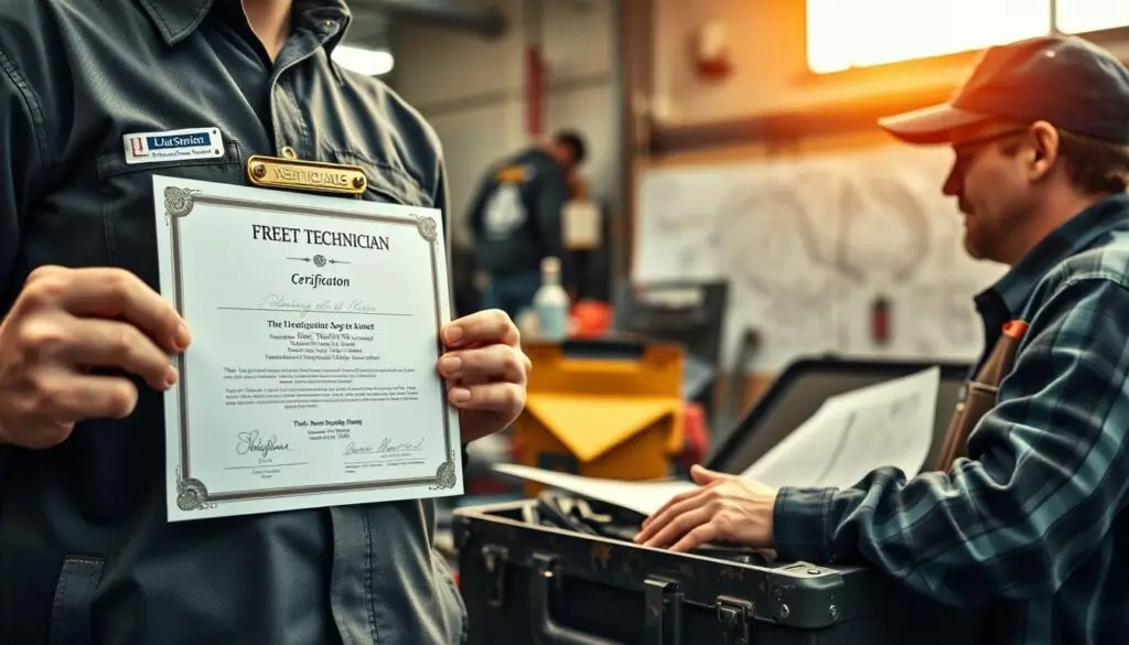 ASE certification badges and training materials for fleet technicians and shop mechanics