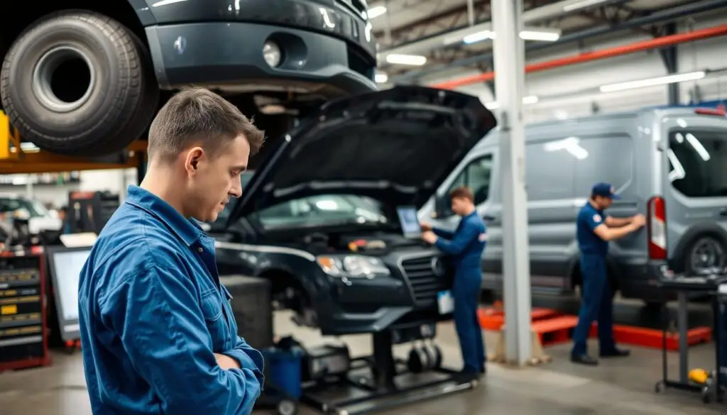 Fleet technician using diagnostic equipment to troubleshoot diesel engine fault codes