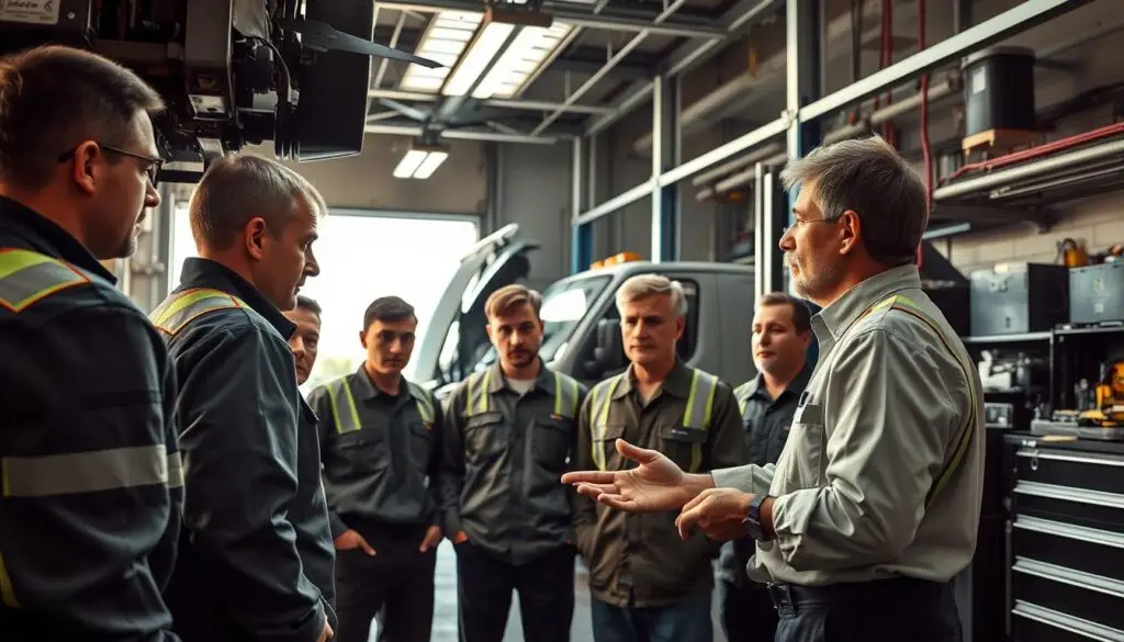 Senior diesel technician mentoring apprentice on engine diagnostic procedure