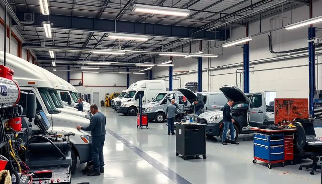 Well-organized fleet maintenance facility with multiple service bays and diagnostic equipment stations