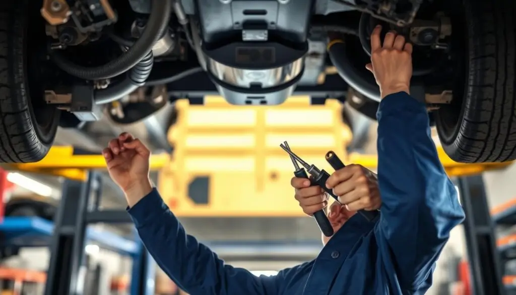 Fleet technician performing preventive maintenance inspection on commercial diesel truck engine