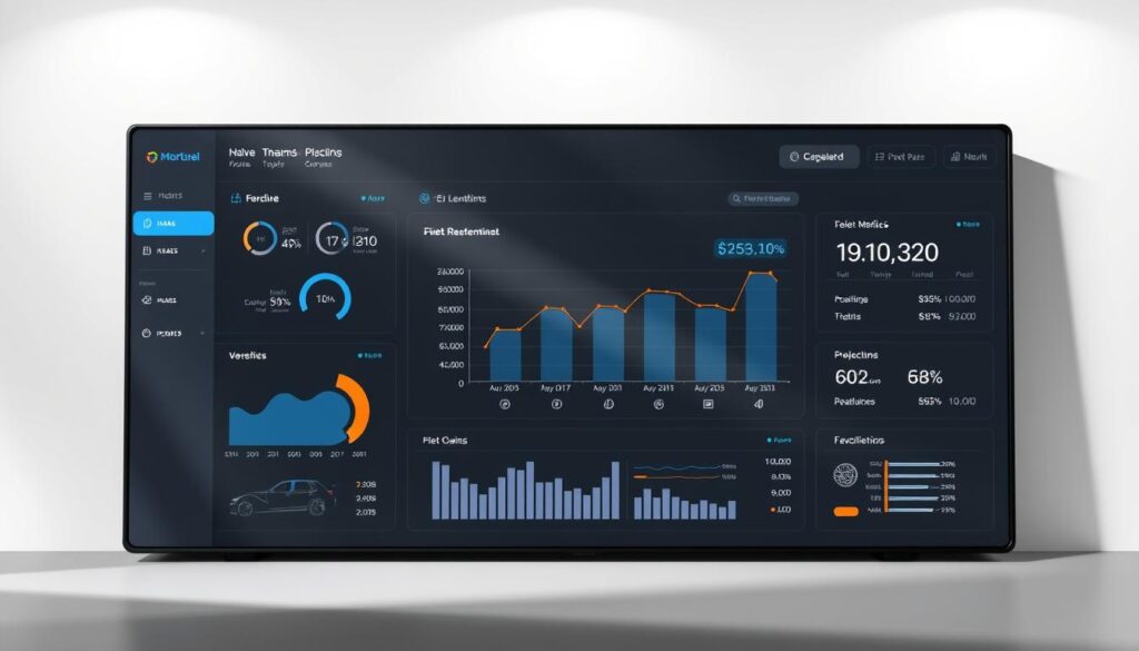 Fleet manager reviewing ROI analysis dashboard showing technology investment returns across multiple cost categories