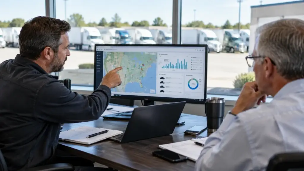 Fleet manager presenting telematics data and ROI analysis to an executive with commercial trucks visible outside the fleet facility.