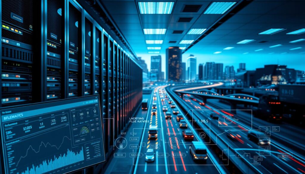 Diagram showing fleet telematics system components including GPS, sensors, cloud processing, and analytics dashboards