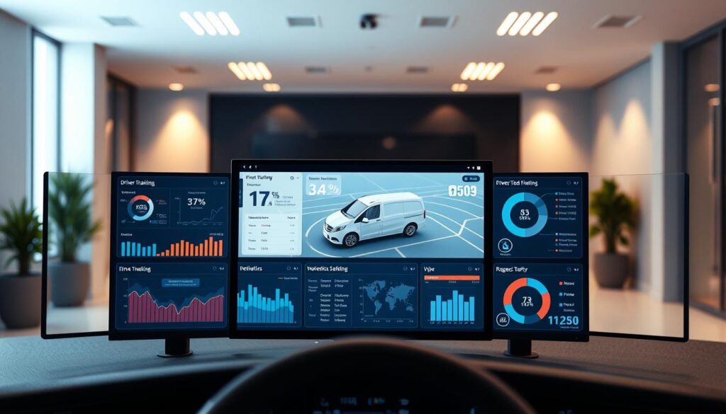 Fleet telematics dashboard displaying driver safety metrics and training program data