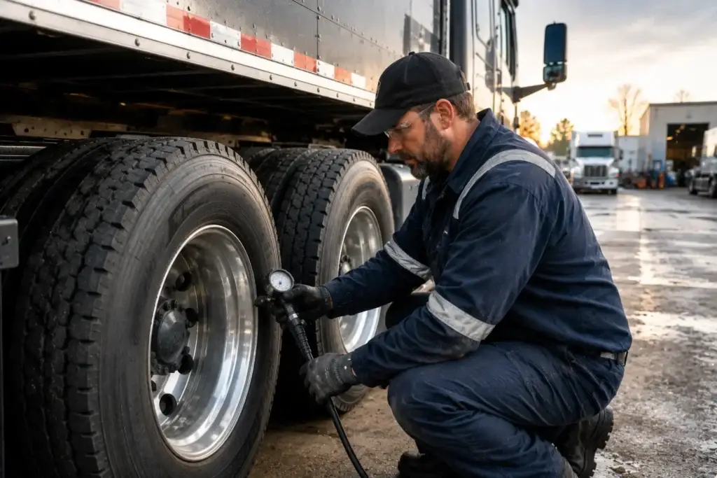 Diesel technician checking tire pressure on a commercial semi-truck during a fleet tire maintenance inspection