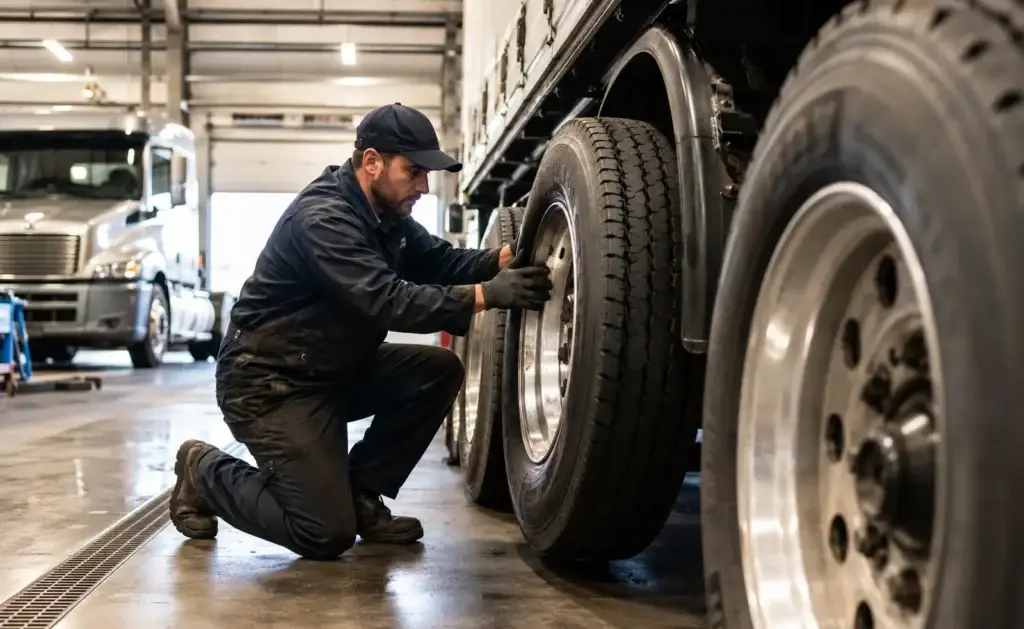 Professional diesel technician inspecting commercial semi-truck tires inside a modern fleet maintenance shop, highlighting preventive tire management, safety inspections, and cost-saving maintenance practices for heavy-duty fleets.
