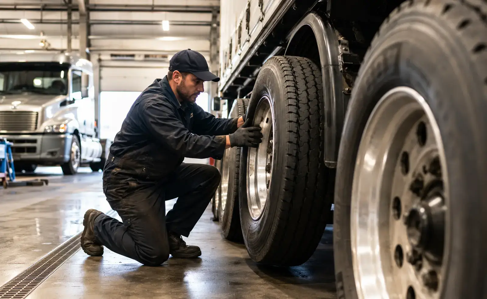 Professional diesel technician inspecting commercial semi-truck tires inside a modern fleet maintenance shop, highlighting preventive tire management, safety inspections, and cost-saving maintenance practices for heavy-duty fleets.