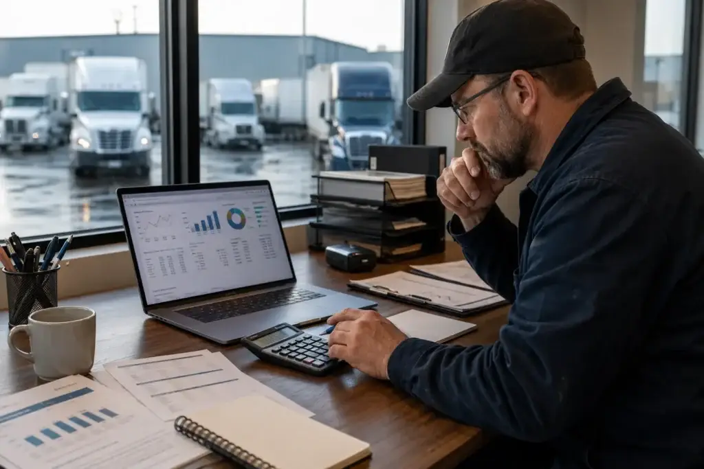 Fleet manager analyzing total cost of ownership data for a commercial truck fleet using financial reports and fleet performance metrics
