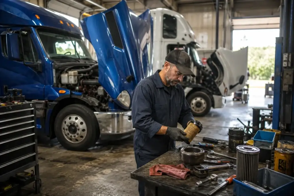 Diesel technician performing preventive maintenance on heavy-duty trucks to improve fleet uptime and reduce vehicle downtime.