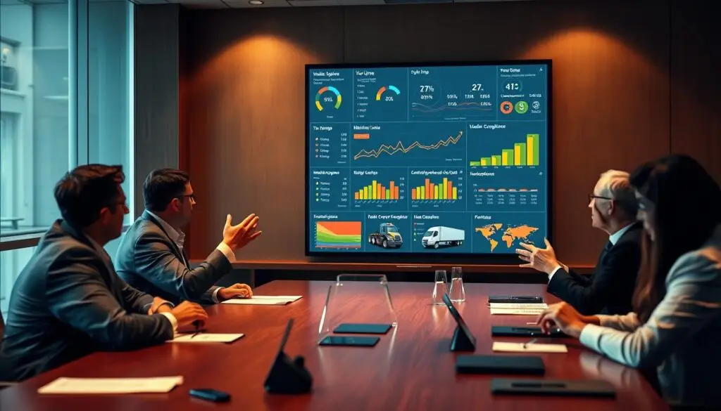 Fleet manager reviewing vendor performance dashboard to optimize equipment uptime