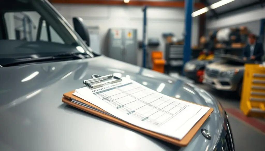 Diesel technician performing systematic fleet vehicle inspection using compliance checklist