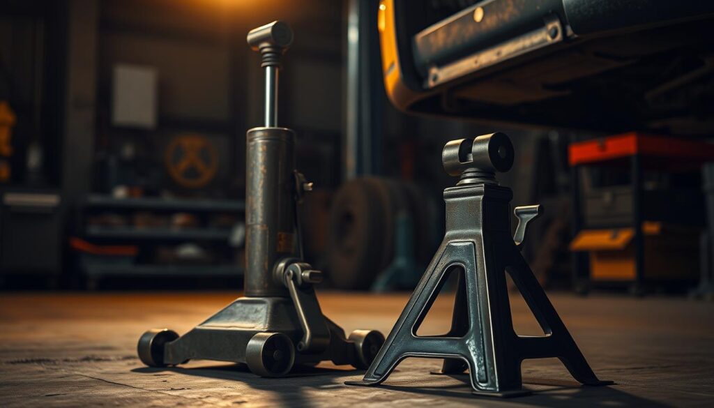 Floor jack safety protocols demonstration showing proper jack stand placement